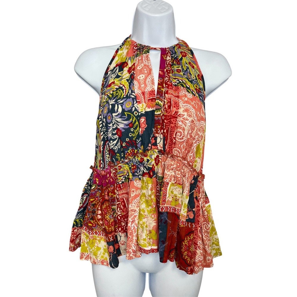 Rachel Zoe Womens Sz XS Multi‎ Floral Button Open Back Strappy Ruffle Top Boho